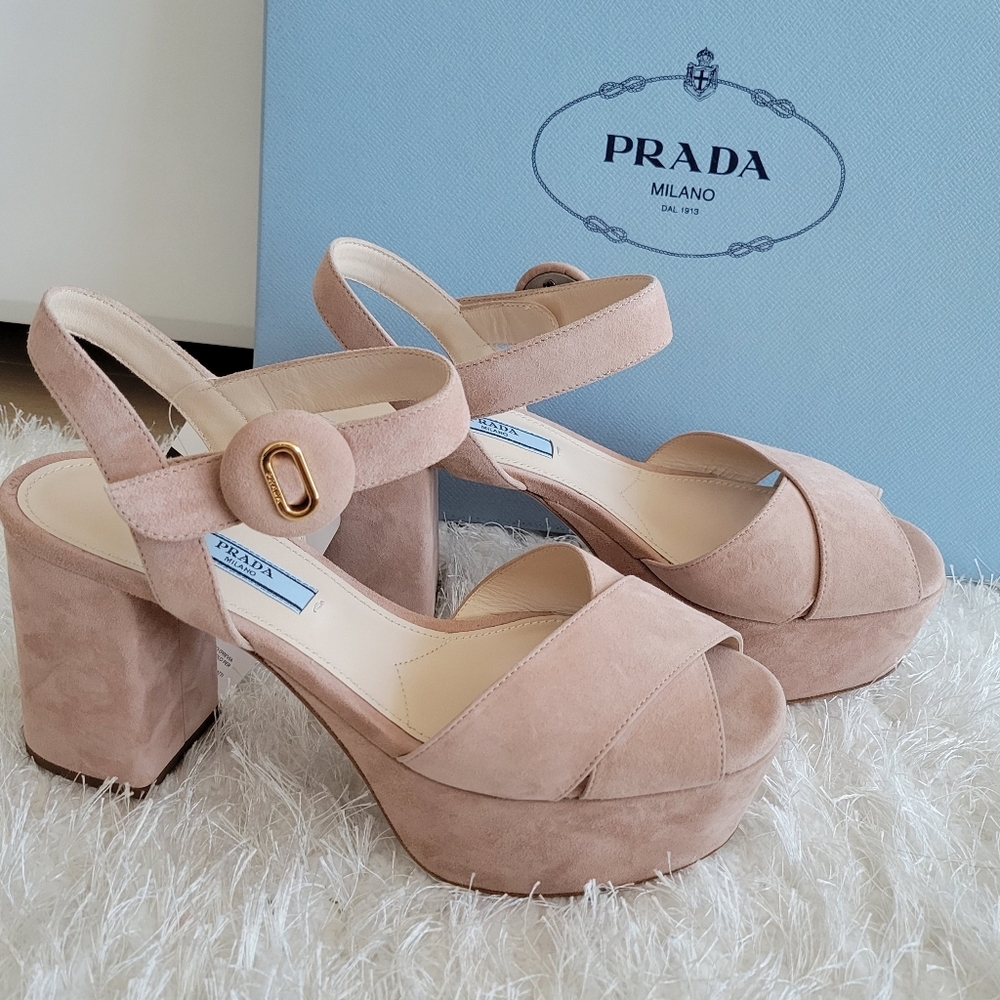 Prada Crisscross Platform Sandals Nude Suede